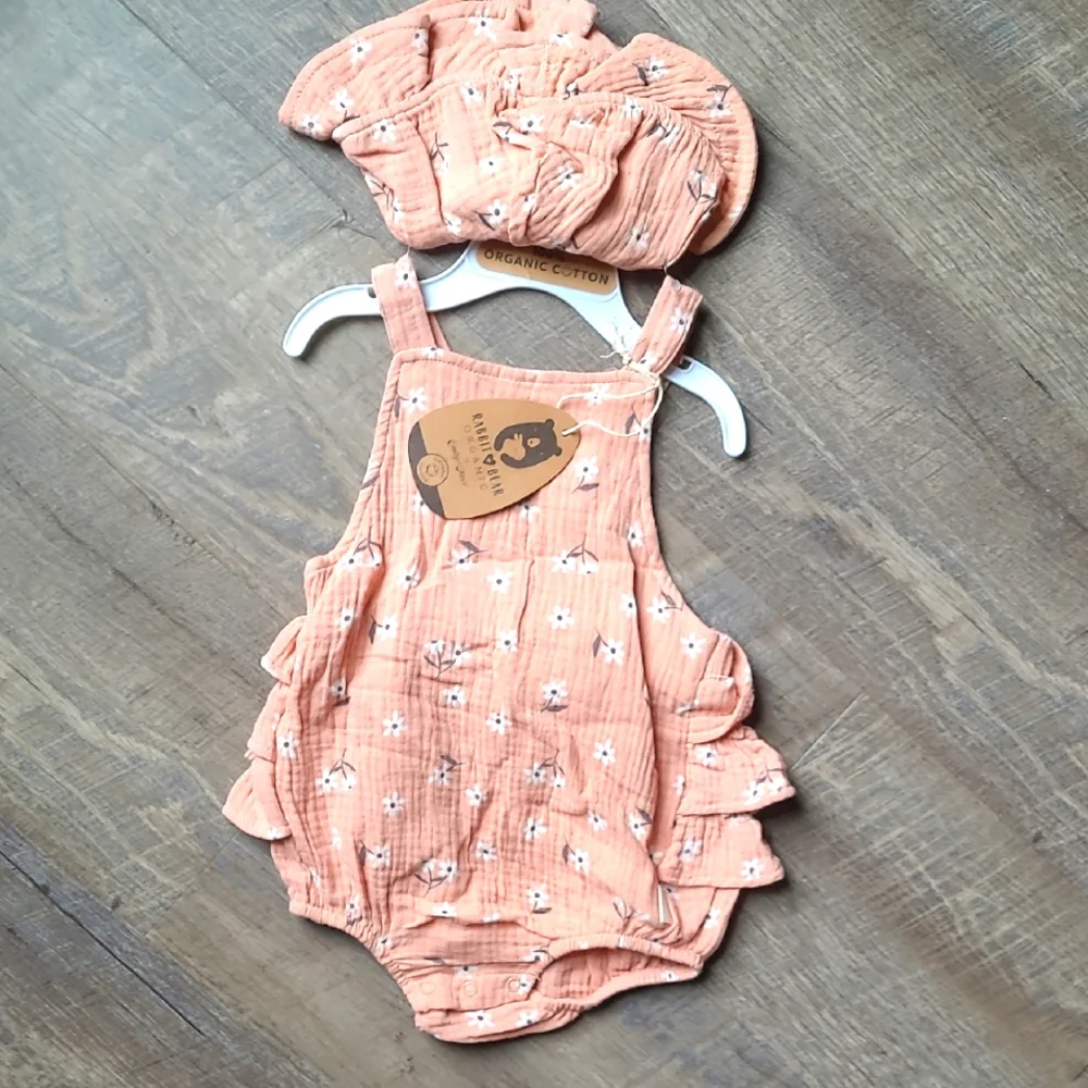 Rabbit Bear Organic Peach Floral Baby Romper with Matching Hat
